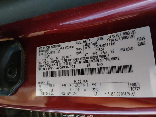 45269383 :رقم المزاد ، 1FTEW1EG0GKE07993 vin ، 2016 Ford F-150 Xlt مزاد بيع