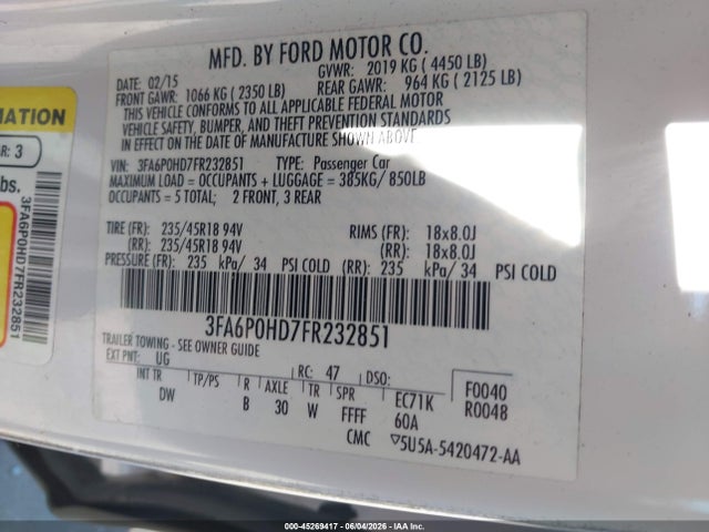 Aukcja sprzedaży 2015 Ford Fusion Se, vin: 3FA6P0HD7FR232851, numer aukcji: 45269417