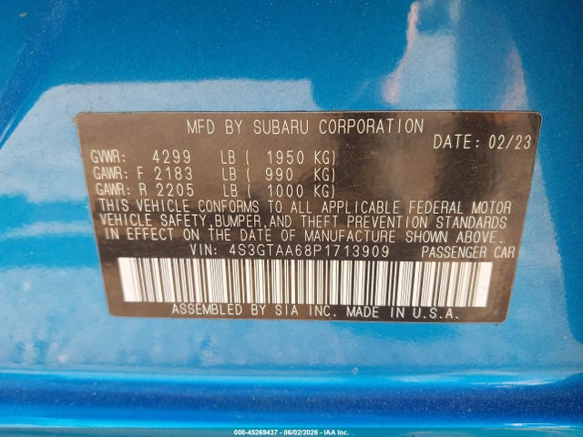 Продажа на аукционе авто 2023 Subaru Impreza Base 5-door, vin: 4S3GTAA68P1713909, номер лота: 45269437