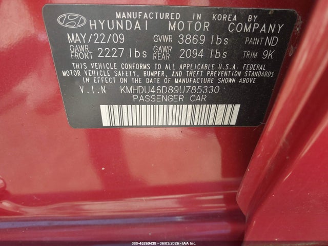 Aukcja sprzedaży 2009 Hyundai Elantra Gls, vin: KMHDU46D89U785330, numer aukcji: 45269438