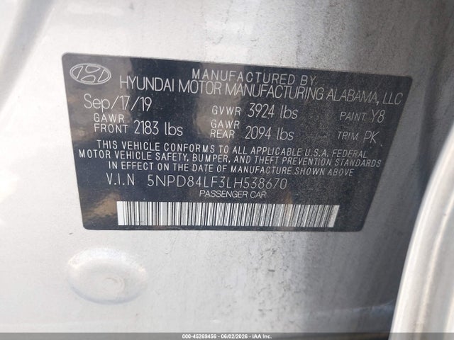 2020 Hyundai Elantra Sel მანქანა იყიდება აუქციონზე, vin: 5NPD84LF3LH538670, აუქციონის ნომერი: 45269456