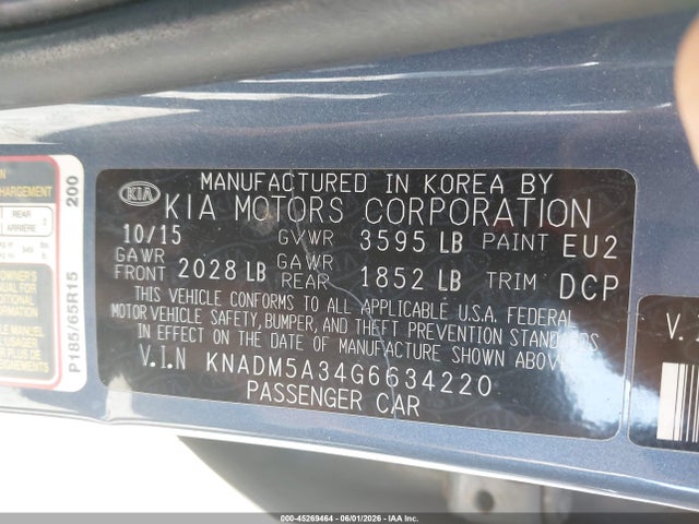 Aukcja sprzedaży 2016 Kia Rio Lx, vin: KNADM5A34G6634220, numer aukcji: 45269464