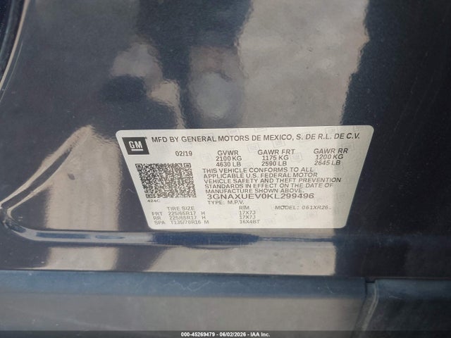 Продаж на аукціоні авто 2019 Chevrolet Equinox Lt, vin: 3GNAXUEV0KL299496, номер лоту: 45269479