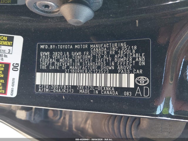 Aukcja sprzedaży 2018 Toyota Corolla Le, vin: 2T1BURHE8JC123523, numer aukcji: 45269481