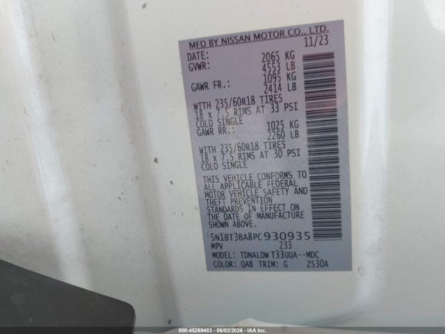 Продаж на аукціоні авто 2023 Nissan Rogue Sv Fwd, vin: 5N1BT3BA8PC930935, номер лоту: 45269483