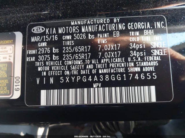 2016 Kia Sorento 2.4l Lx მანქანა იყიდება აუქციონზე, vin: 5XYPG4A38GG174655, აუქციონის ნომერი: 45269486