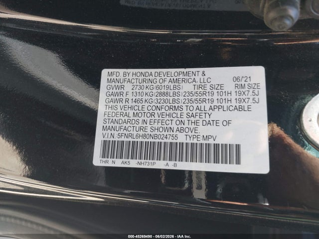 Продажа на аукционе авто 2022 Honda Odyssey Touring, vin: 5FNRL6H80NB024755, номер лота: 45269490
