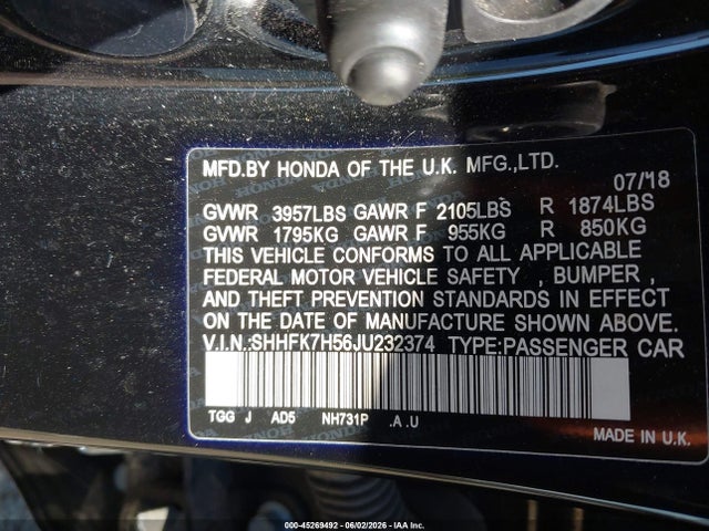 Продажа на аукционе авто 2018 Honda Civic Ex, vin: SHHFK7H56JU232374, номер лота: 45269492