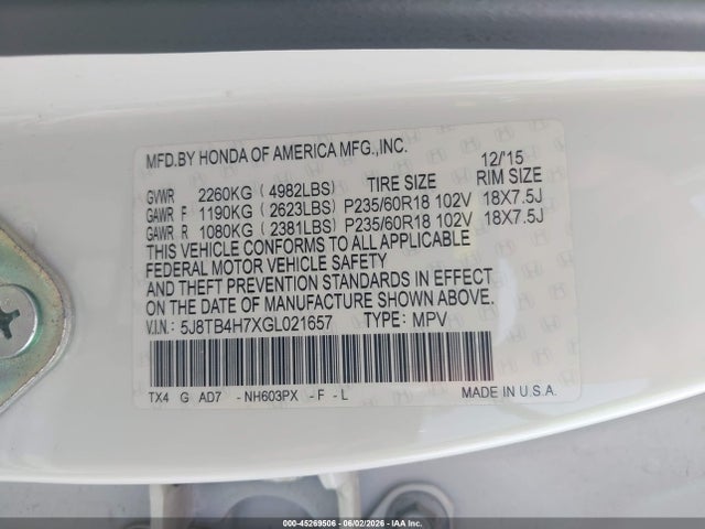 45269506 :رقم المزاد ، 5J8TB4H7XGL021657 vin ، 2016 Acura Rdx Advance Package مزاد بيع