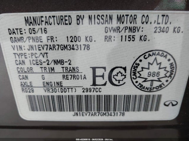 45269518 :رقم المزاد ، JN1EV7AR7GM343178 vin ، 2016 Infiniti Q50 3.0t Premium/3.0t Sport مزاد بيع