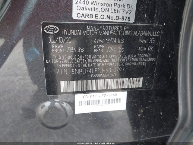 45269521 :رقم المزاد ، 5NPD74LF1LH605379 vin ، 2020 Hyundai Elantra Se مزاد بيع