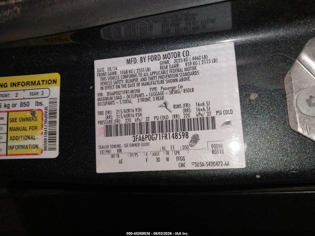 Продажа на аукционе авто 2015 Ford Fusion S, vin: 3FA6P0G71FR148598, номер лота: 45269536