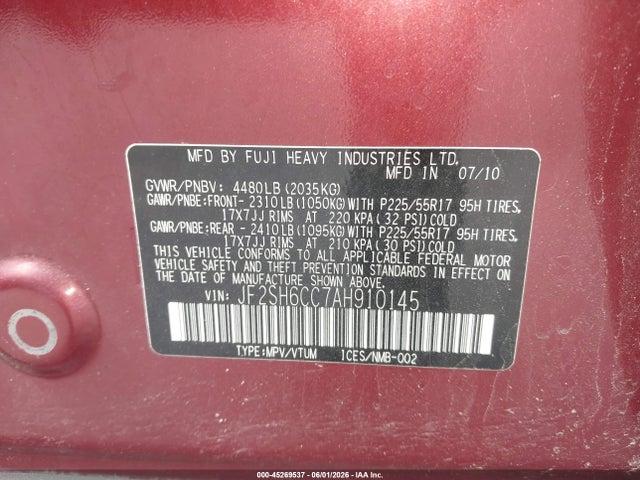 Aukcja sprzedaży 2010 Subaru Forester 2.5x Premium, vin: JF2SH6CC7AH910145, numer aukcji: 45269537