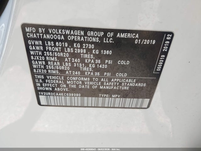 Продажа на аукционе авто 2019 Volkswagen Atlas 3.6l V6 Se W/technology, vin: 1V2UR2CA4KC539390, номер лота: 45269543