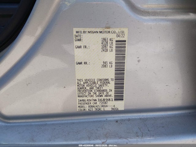 1N4BL4DV7NN368981 Nissan Altima Sv Fwd