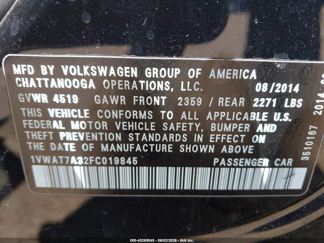 Продаж на аукціоні авто 2015 Volkswagen Passat 1.8t Wolfsburg Edition, vin: 1VWAT7A32FC019845, номер лоту: 45269549