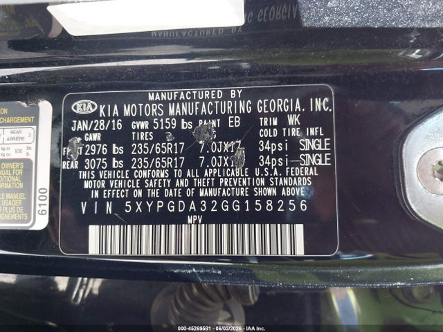 Aukcja sprzedaży 2016 Kia Sorento 2.4l Lx, vin: 5XYPGDA32GG158256, numer aukcji: 45269581