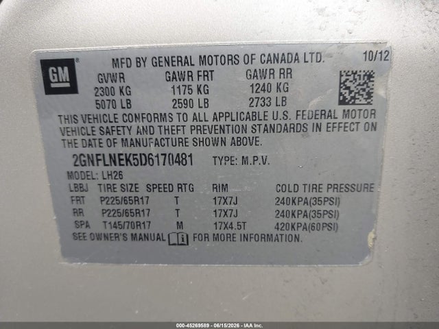 Aukcja sprzedaży 2013 Chevrolet Equinox 2lt, vin: 2GNFLNEK5D6170481, numer aukcji: 45269589