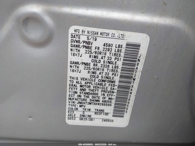 2019 Nissan Rogue Sv მანქანა იყიდება აუქციონზე, vin: JN8AT2MTXKW268585, აუქციონის ნომერი: 45269592