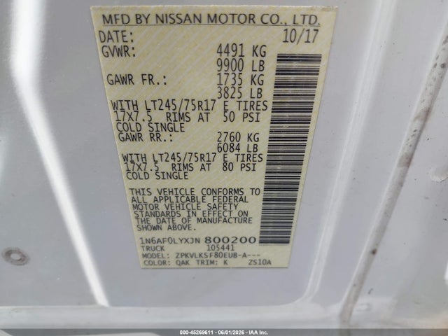 2018 Nissan Nv Cargo Nv3500 Hd Sl V8 მანქანა იყიდება აუქციონზე, vin: 1N6AF0LYXJN800200, აუქციონის ნომერი: 45269611