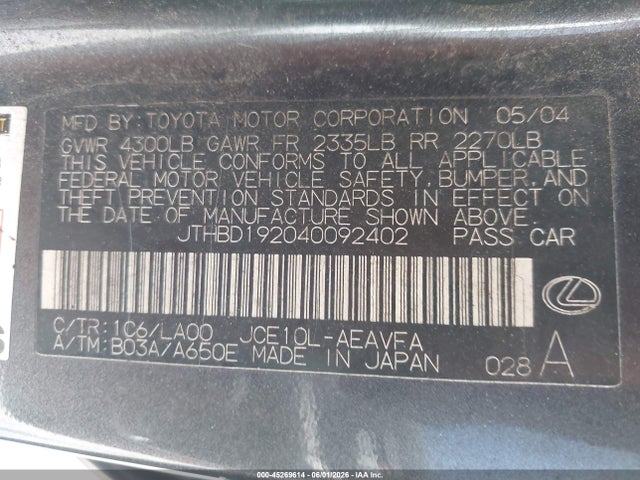 Продаж на аукціоні авто 2004 Lexus Is 300, vin: JTHBD192040092402, номер лоту: 45269614