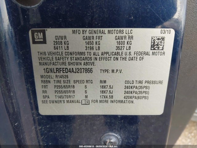 Продаж на аукціоні авто 2010 Chevrolet Traverse Lt, vin: 1GNLRFED4AJ207866, номер лоту: 45269618