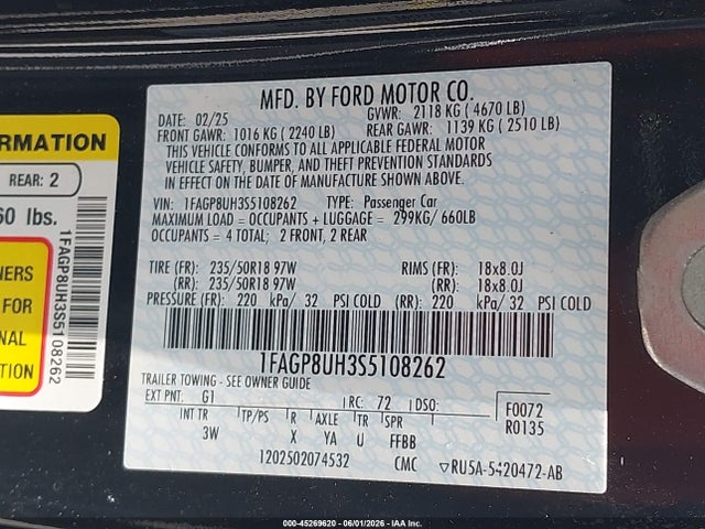 2025 Ford Mustang Ecoboost Premium მანქანა იყიდება აუქციონზე, vin: 1FAGP8UH3S5108262, აუქციონის ნომერი: 45269620