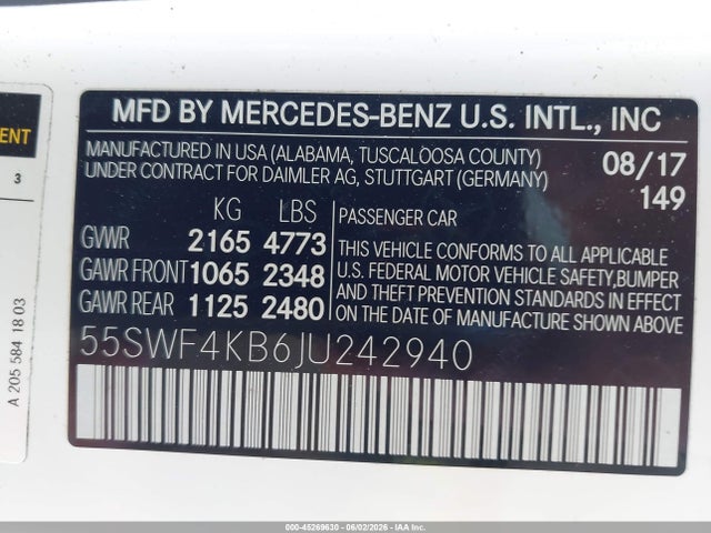 Aukcja sprzedaży 2018 Mercedes-benz C 300 4matic, vin: 55SWF4KB6JU242940, numer aukcji: 45269630
