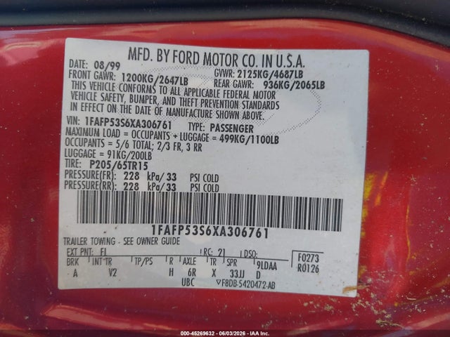 Aukcja sprzedaży 1999 Ford Taurus Se/se-ne, vin: 1FAFP53S6XA306761, numer aukcji: 45269632