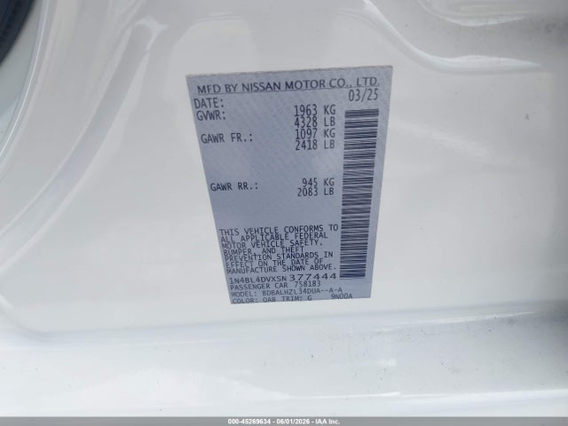 2025 Nissan Altima Sv Fwd მანქანა იყიდება აუქციონზე, vin: 1N4BL4DVXSN377444, აუქციონის ნომერი: 45269634