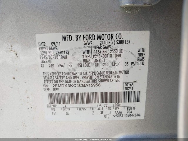 Aukcja sprzedaży 2012 Ford Edge Limited, vin: 2FMDK3KC4CBA15958, numer aukcji: 45269637