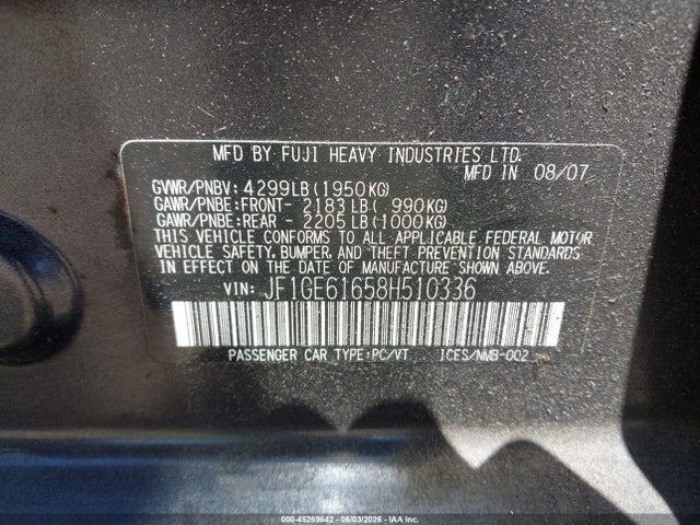 Продаж на аукціоні авто 2008 Subaru Impreza  (natl) I W/premium Pkg, vin: JF1GE61658H510336, номер лоту: 45269642