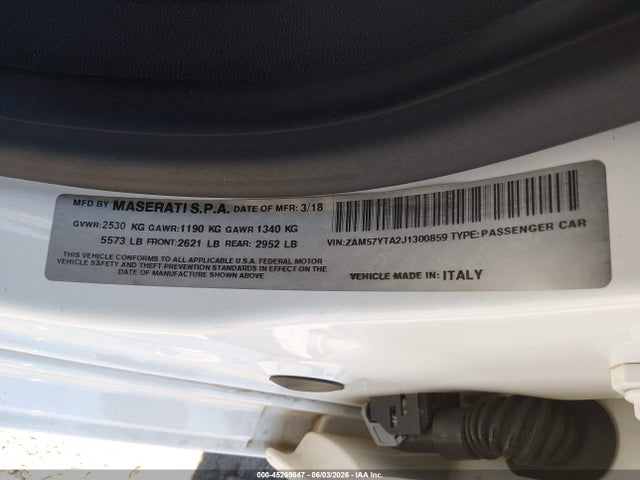 Продаж на аукціоні авто 2018 Maserati Ghibli S Q4, vin: ZAM57YTA2J1300859, номер лоту: 45269647