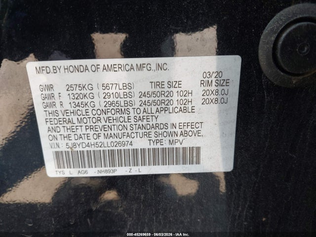 2020 Acura Mdx Technology Package მანქანა იყიდება აუქციონზე, vin: 5J8YD4H52LL026974, აუქციონის ნომერი: 45269659