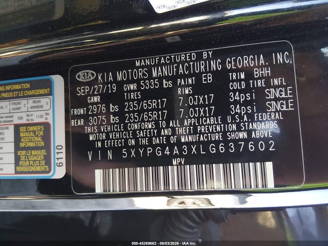 Продажа на аукционе авто 2020 Kia Sorento 2.4l Lx, vin: 5XYPG4A3XLG637602, номер лота: 45269662