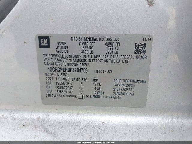 Продаж на аукціоні авто 2015 Chevrolet Silverado 1500 Wt, vin: 1GCRCPEH9FZ204709, номер лоту: 45269670