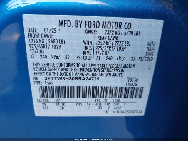 Aukcja sprzedaży 2025 Ford Maverick Xlt, vin: 3FTTW8H30SRA24729, numer aukcji: 45269671