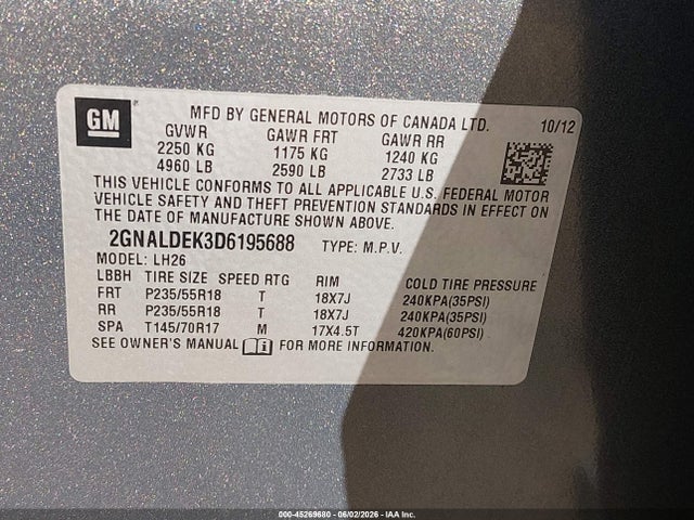 45269680 :رقم المزاد ، 2GNALDEK3D6195688 vin ، 2013 Chevrolet Equinox 1lt مزاد بيع