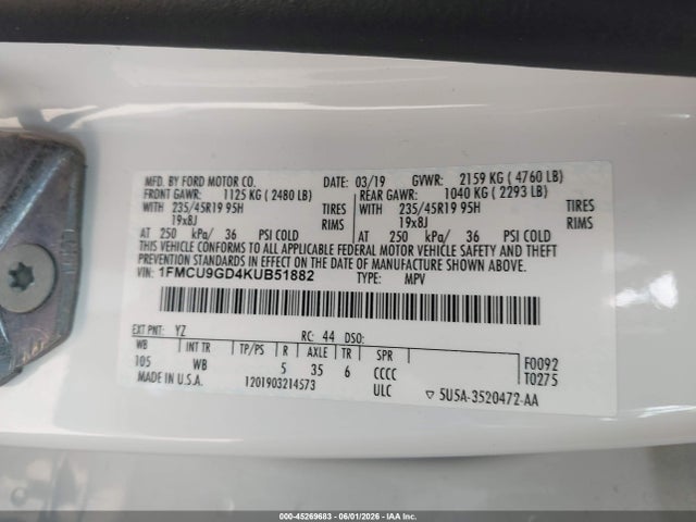 Продаж на аукціоні авто 2019 Ford Escape Se, vin: 1FMCU9GD4KUB51882, номер лоту: 45269683