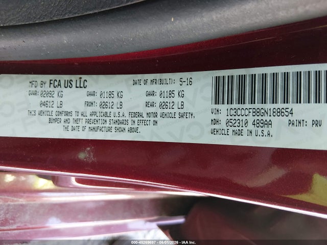 45269697 :رقم المزاد ، 1C3CCCFB8GN188654 vin ، 2016 Chrysler 200 Touring مزاد بيع