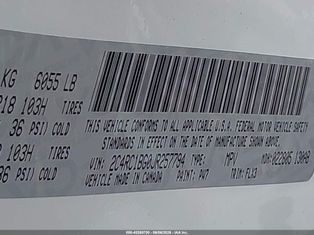 45269700 :رقم المزاد ، 2C4RC1BG0JR257794 vin ، 2018 Chrysler Pacifica Touring L مزاد بيع