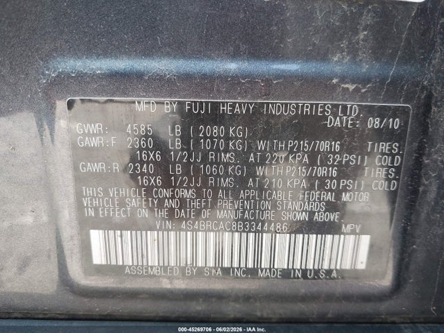 2011 Subaru Outback 2.5i მანქანა იყიდება აუქციონზე, vin: 4S4BRCAC8B3344486, აუქციონის ნომერი: 45269706
