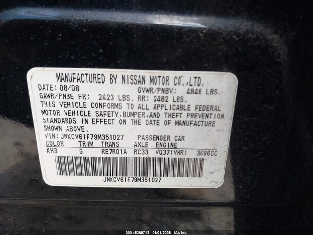 45269712 :رقم المزاد ، JNKCV61F79M351027 vin ، 2009 Infiniti G37x مزاد بيع