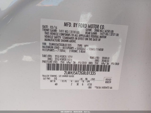 2016 Lincoln Mkt Ecoboost მანქანა იყიდება აუქციონზე, vin: 2LMHJ5AT2GBL01335, აუქციონის ნომერი: 45269724