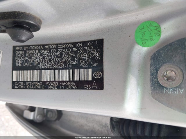 Aukcja sprzedaży 2011 Toyota Prius Two, vin: JTDKN3DUXB5347141, numer aukcji: 45269729