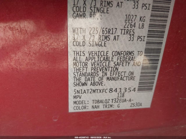 Nissan ROGUE SV 2015 5N1AT2MTXFC841354 Image 9