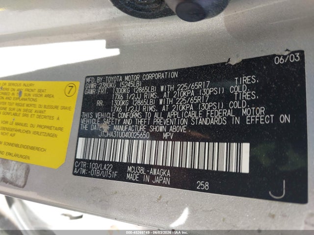 45269749 :رقم المزاد ، JTJHA31U040025650 vin ، 2004 Lexus Rx 330 مزاد بيع