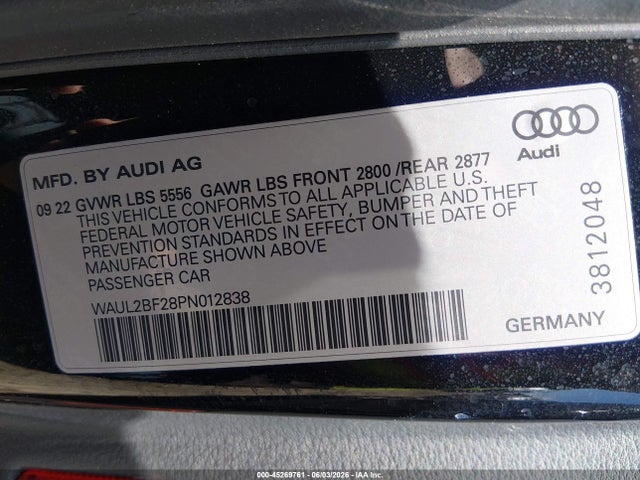 2023 Audi A6 Premium Plus 55 Tfsi Quattro S Tronic მანქანა იყიდება აუქციონზე, vin: WAUL2BF28PN012838, აუქციონის ნომერი: 45269761