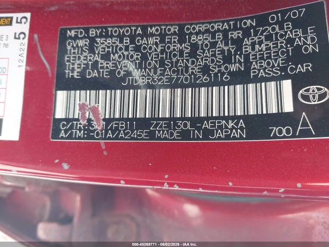 Продажа на аукционе авто 2007 Toyota Corolla Le, vin: JTDBR32E770126116, номер лота: 45269771