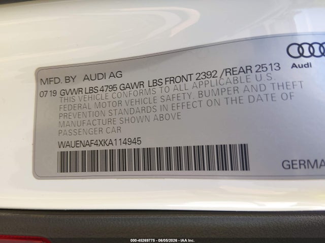 Aukcja sprzedaży 2019 Audi A4 45 Premium, vin: WAUENAF4XKA114945, numer aukcji: 45269775